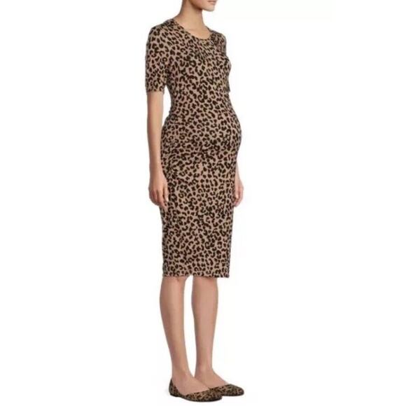 Time and Tru Women’s Maternity Ruched Dress Short Sleeve-LEOPARD Large 12/14 - Picture 2 of 9